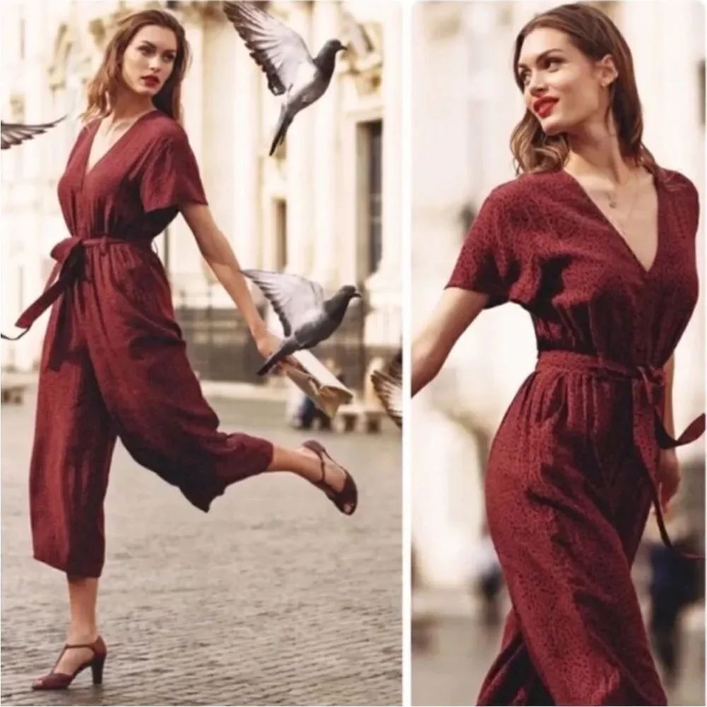 Rails Jumpsuit XS Jet Spot Burgundy Animal Print Wide Leg Boho $228.00 NWT